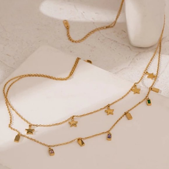 NEW 18K Gold Plated Star Square Drop Double Layer Necklace - Picture 6 of 7
